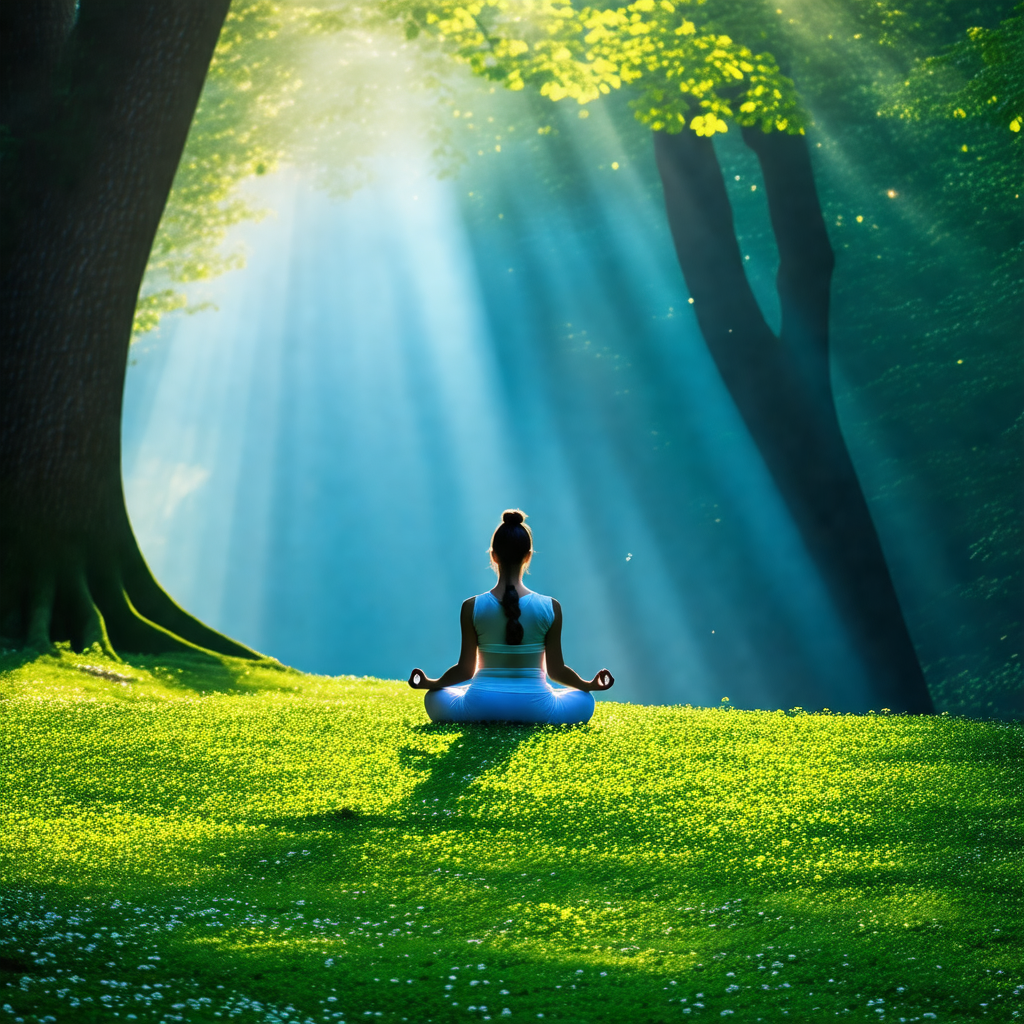 Woman sitting in a grassy field, surrounded by trees