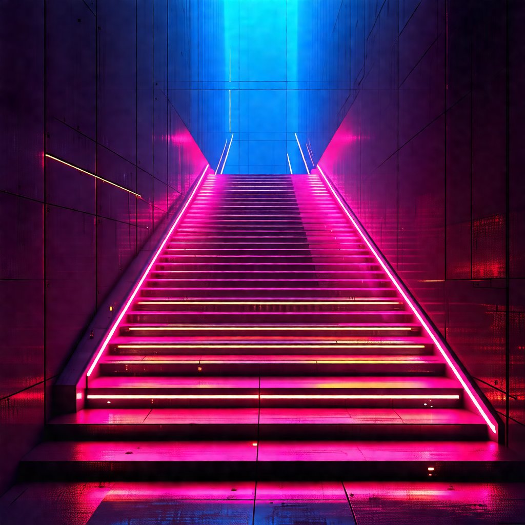 Staircase with a pink light illuminating the steps