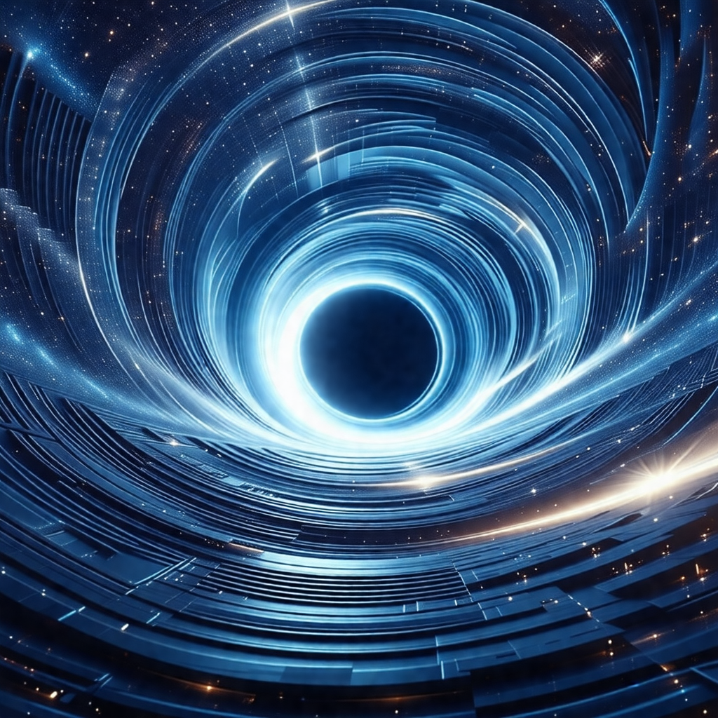 Large, dark, and round hole in the center of a blue, star...