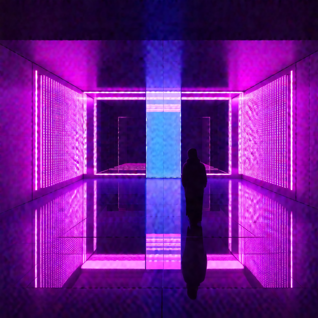 Person walking through a purple-lit hallway