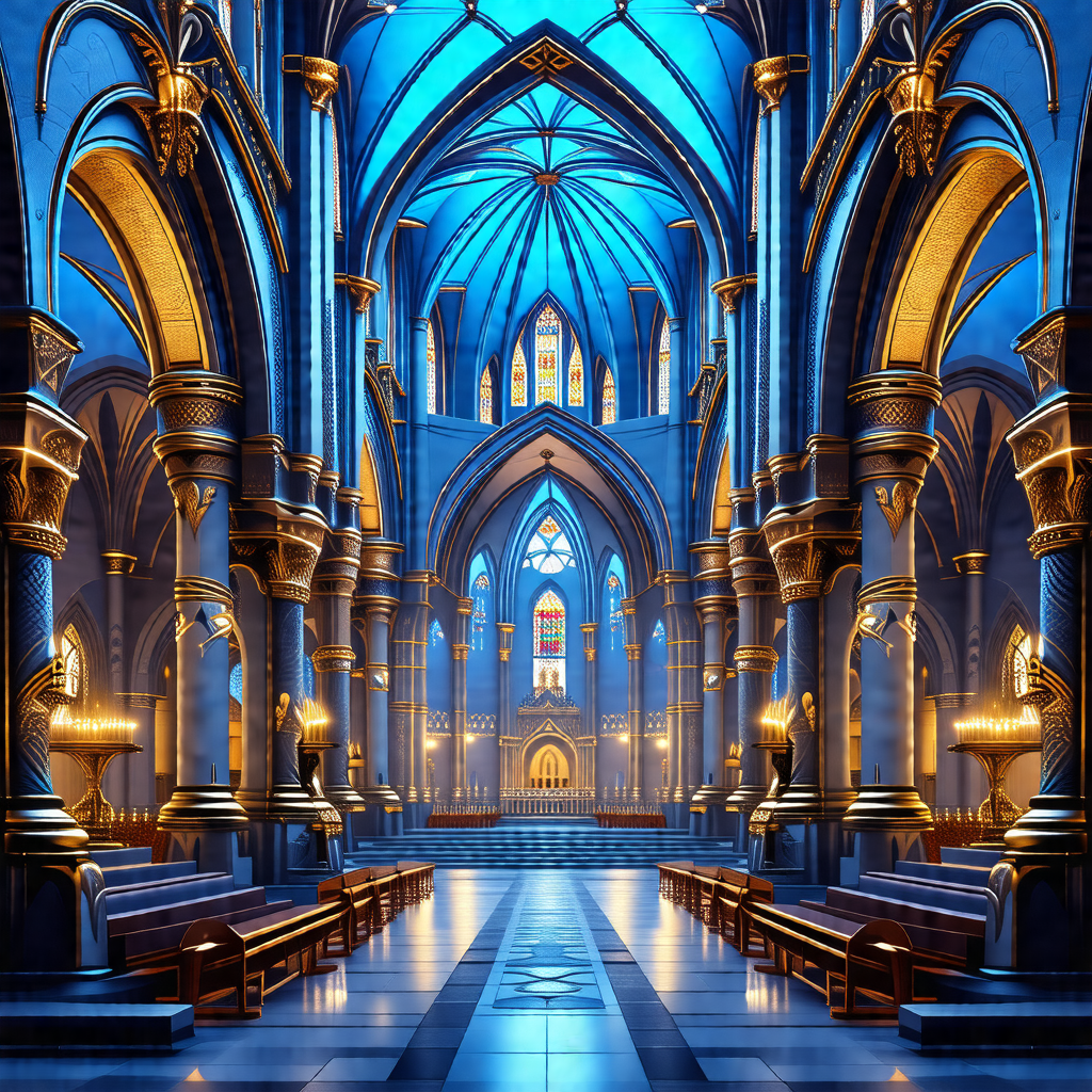 Painting of a large cathedral with a blue and gold color ...