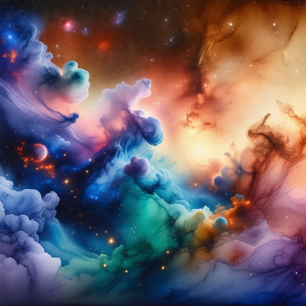Painting of a colorful, swirling, and cloudy sky