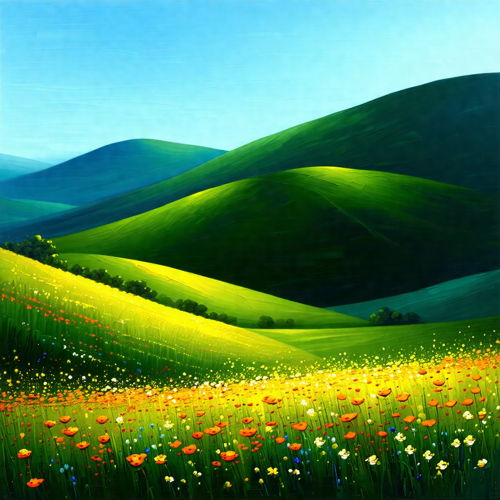 Beautiful, lush green hillside with a vibrant yellow fiel...