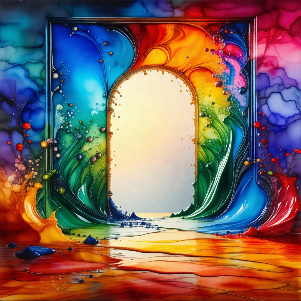 Painting of a doorway with a rainbow-colored archway