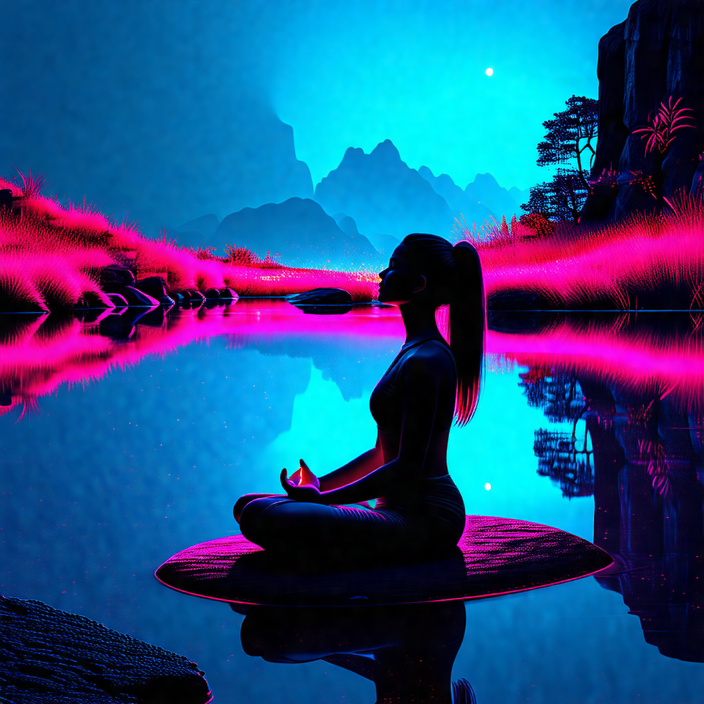 Woman sitting on a pink yoga mat, meditating in a serene ...