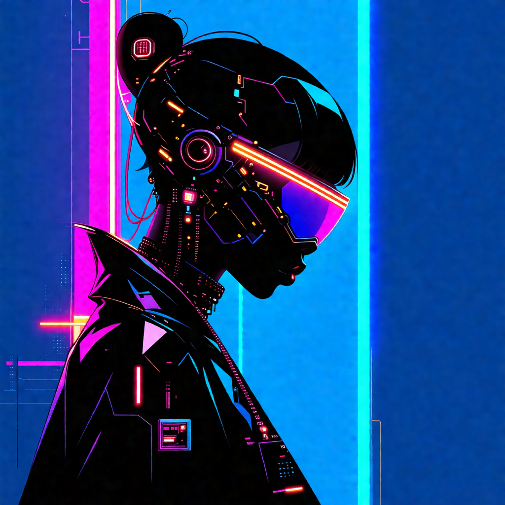 Black and white drawing of a woman with a futuristic look