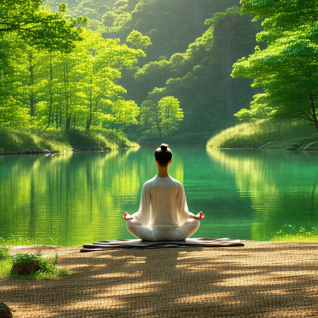 Woman sitting on the ground, surrounded by a serene envir...