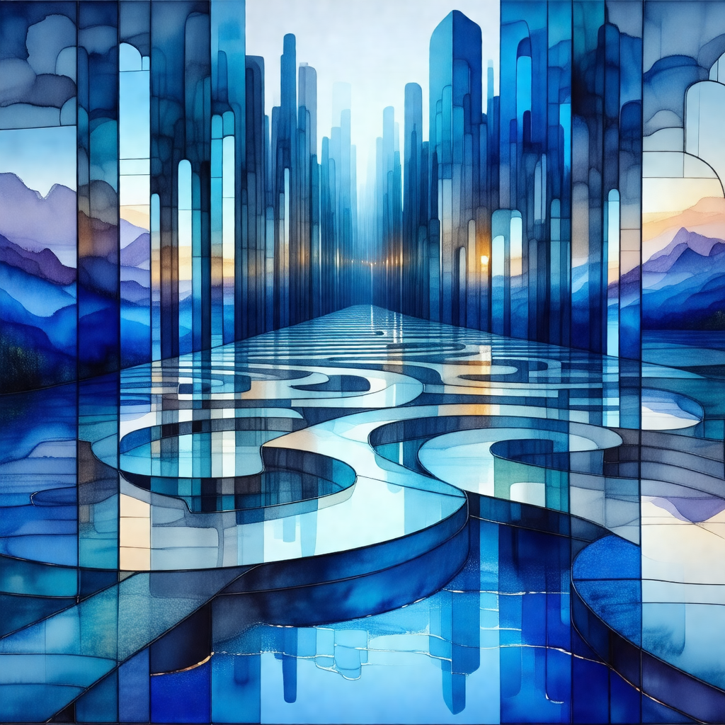 Painting of a river flowing through a city