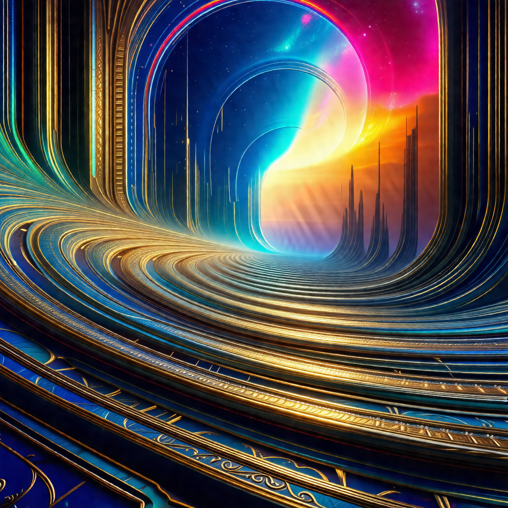 Futuristic painting featuring a long, curved tunnel with ...