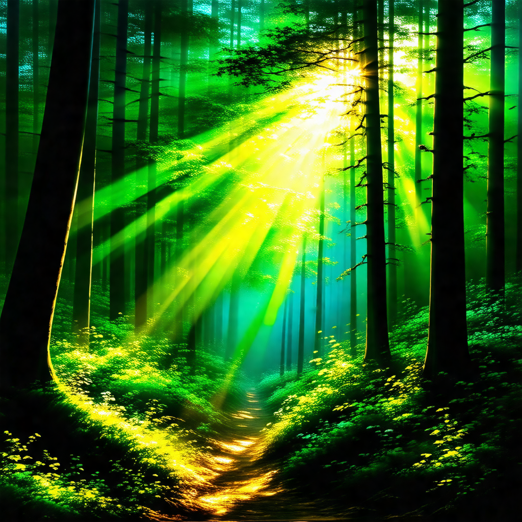 Sunny day in a forest, with a path leading through the trees