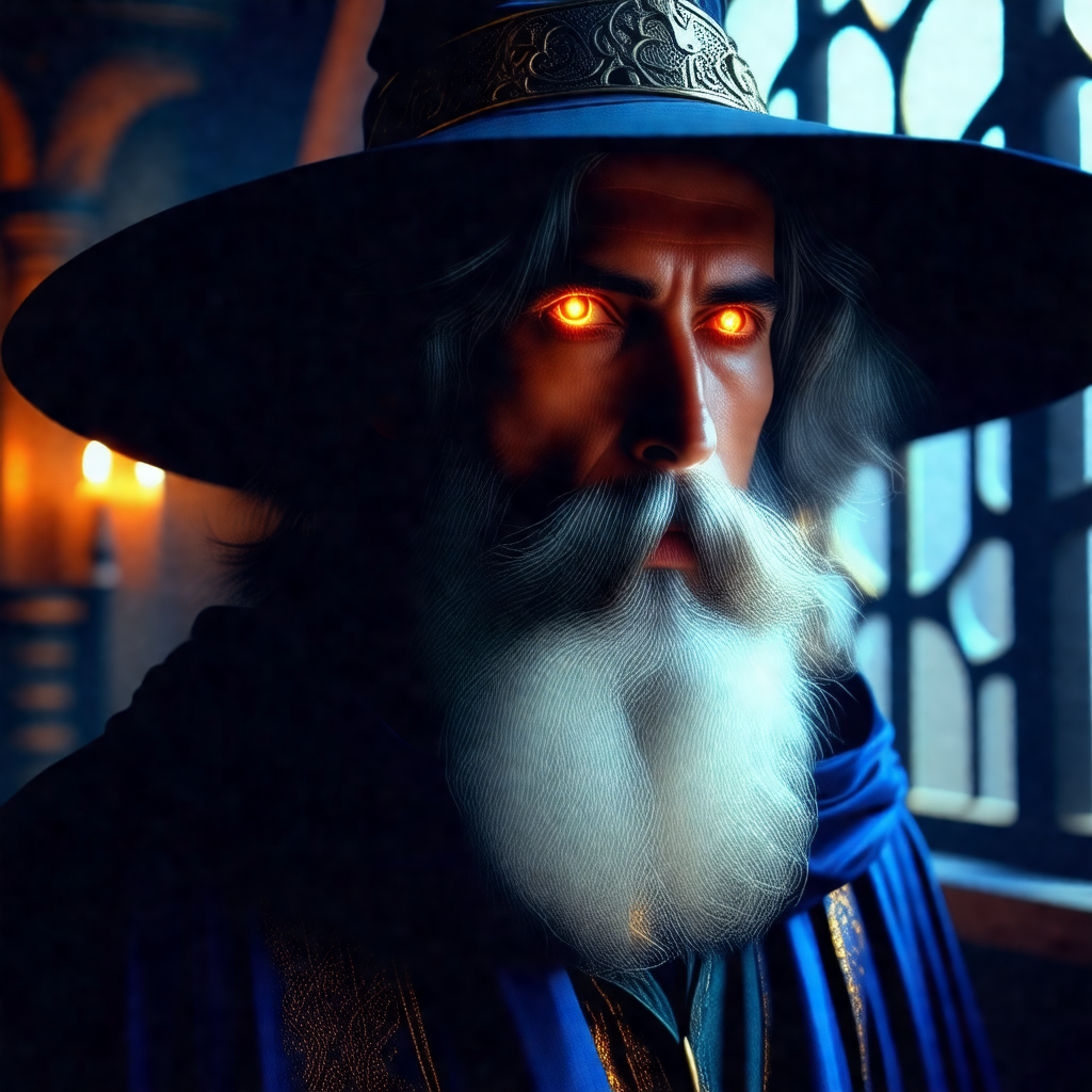 Man with a long beard and a blue hat, standing in a dark ...