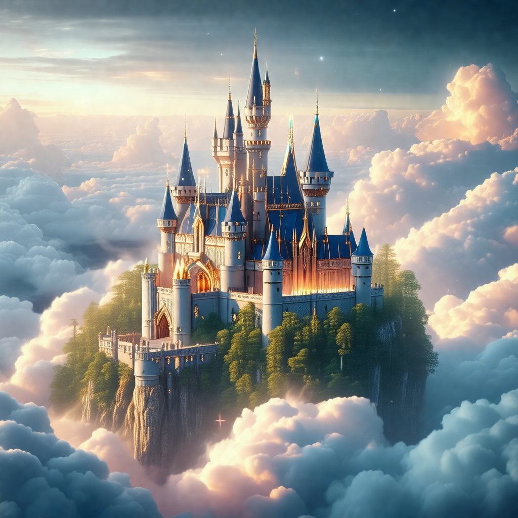 Beautifully drawn castle floating in the clouds
