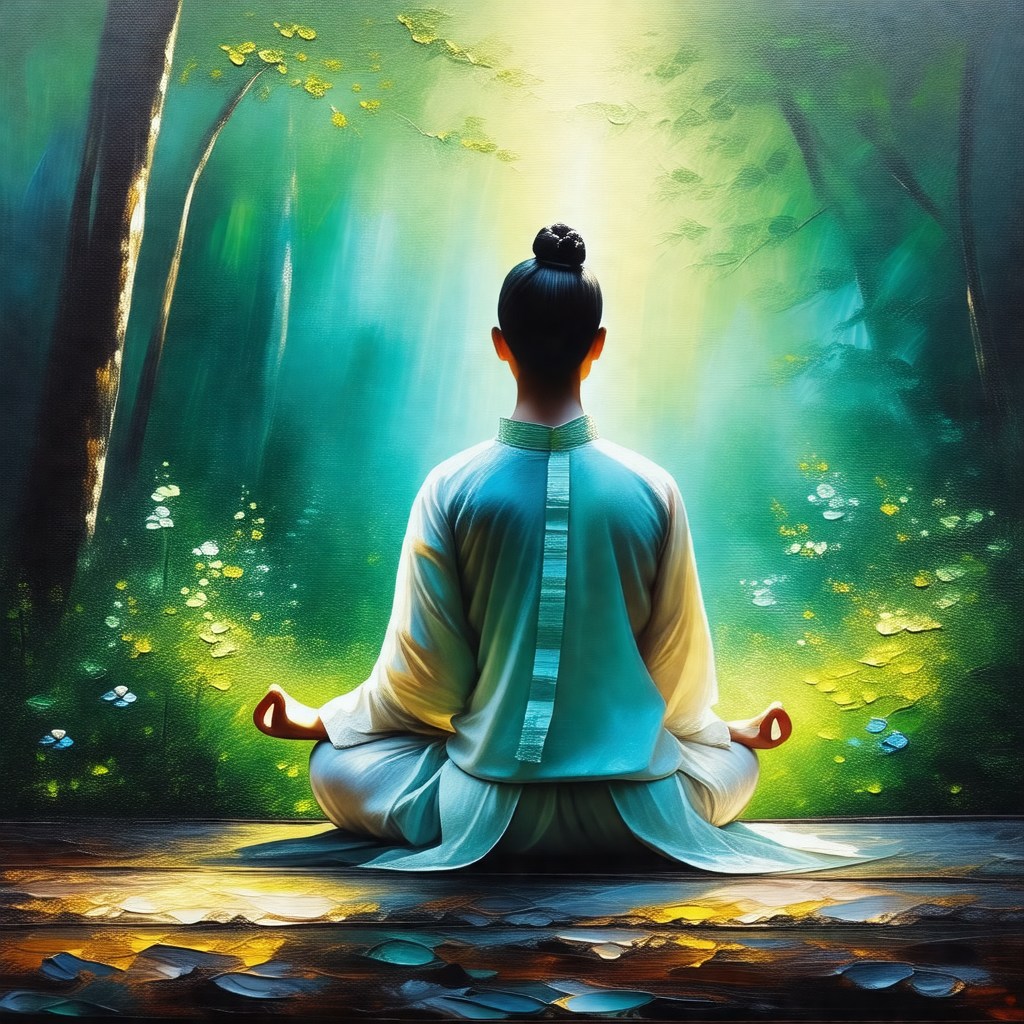 Woman sitting in a forest, surrounded by trees and flowers