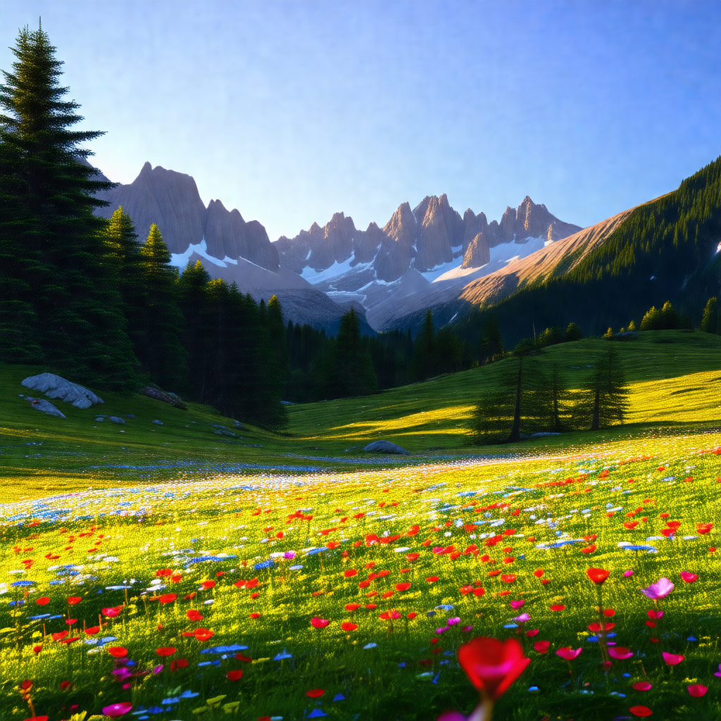 Beautiful, lush green field with a mountain range in the ...