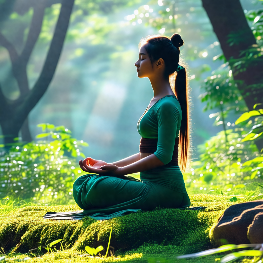 Woman sitting on the ground in a forest, surrounded by trees