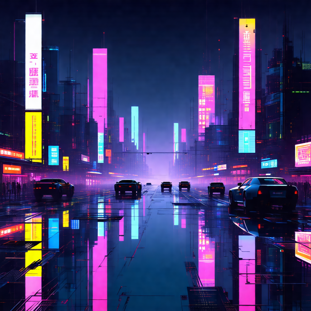 Futuristic cityscape with a rain-soaked street filled wit...