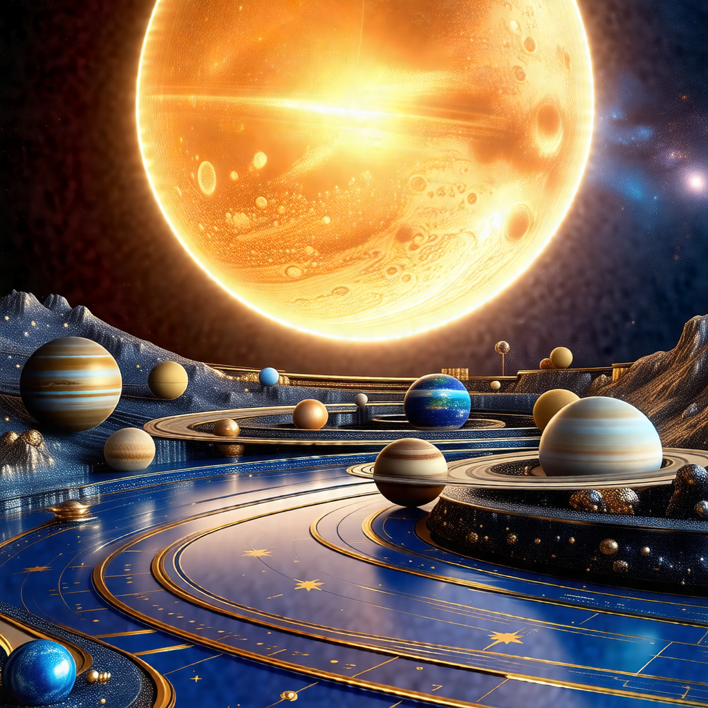 Futuristic scene with a large, round, glowing planet in t...