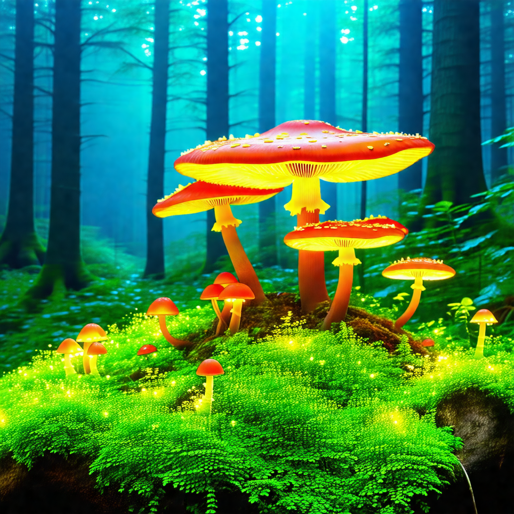 Lush green forest with a variety of mushrooms growing on ...