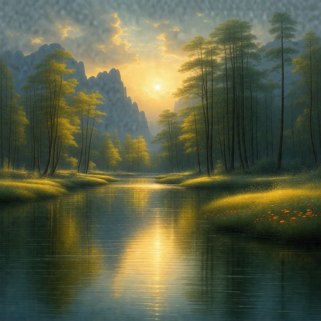 Serene scene of a river flowing through a lush green forest