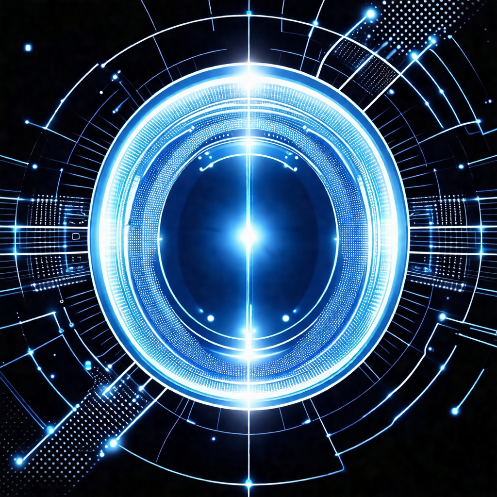 Blue and white circle with a bright blue light in the center