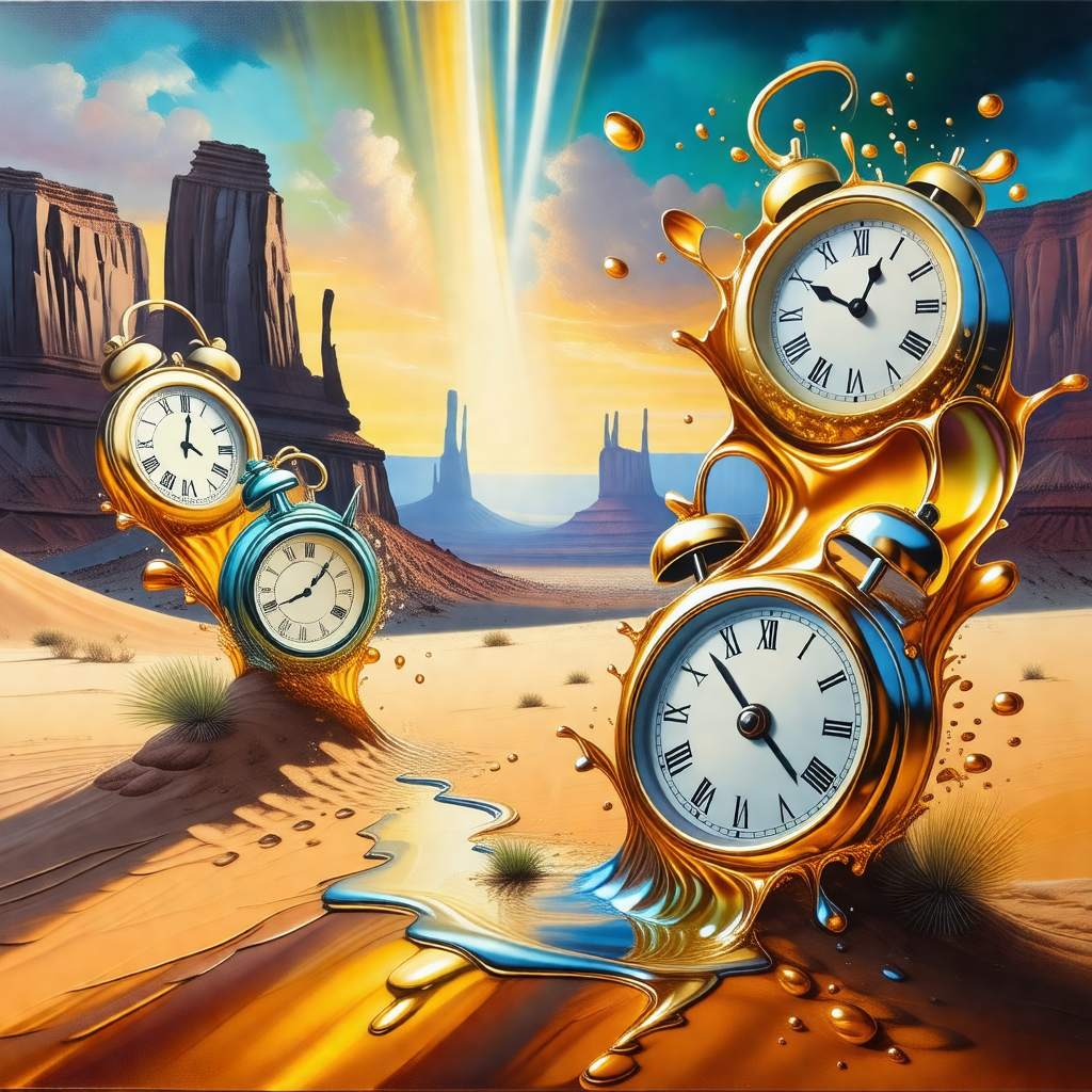 Desert scene with two clocks prominently displayed