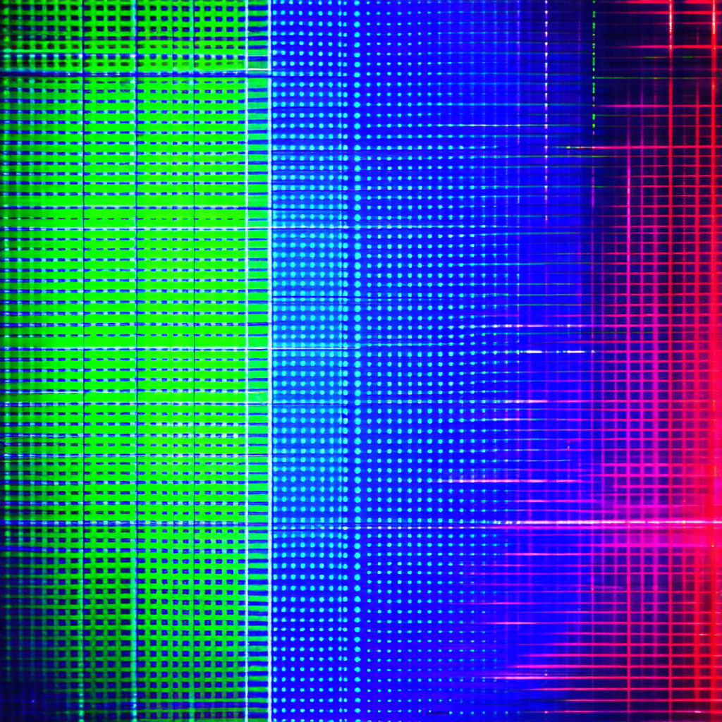 Colorful, abstract artwork featuring a mix of red, green,...