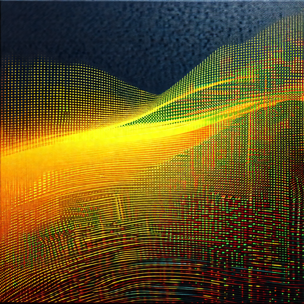 Colorful, abstract painting featuring a mountainous lands...