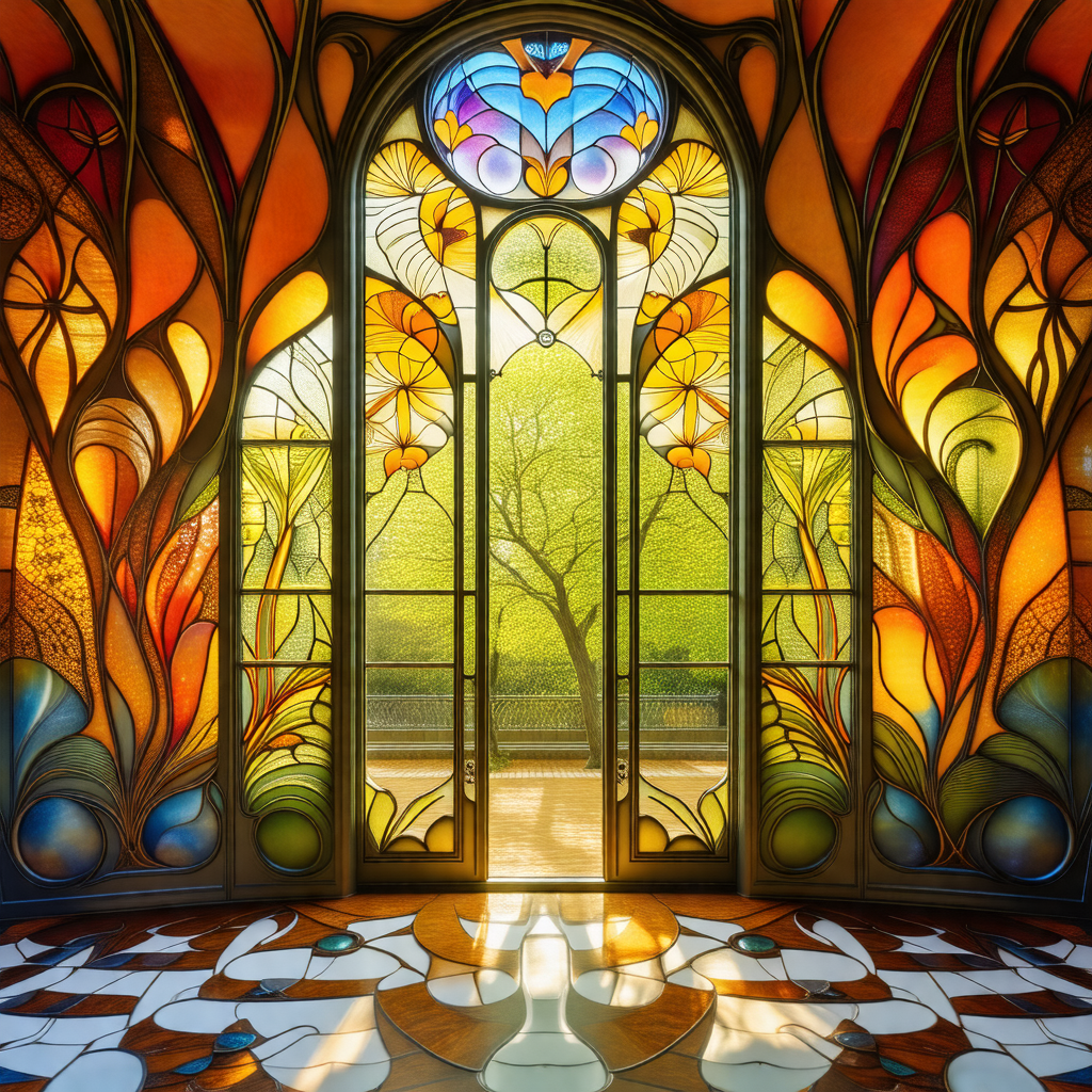 Large stained glass window with a tree design