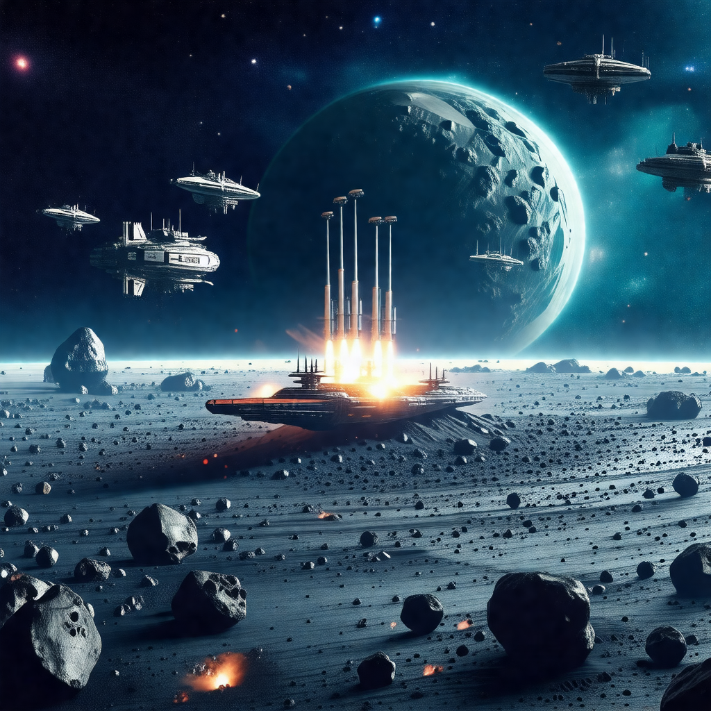 Futuristic scene with a large spacecraft in the foreground