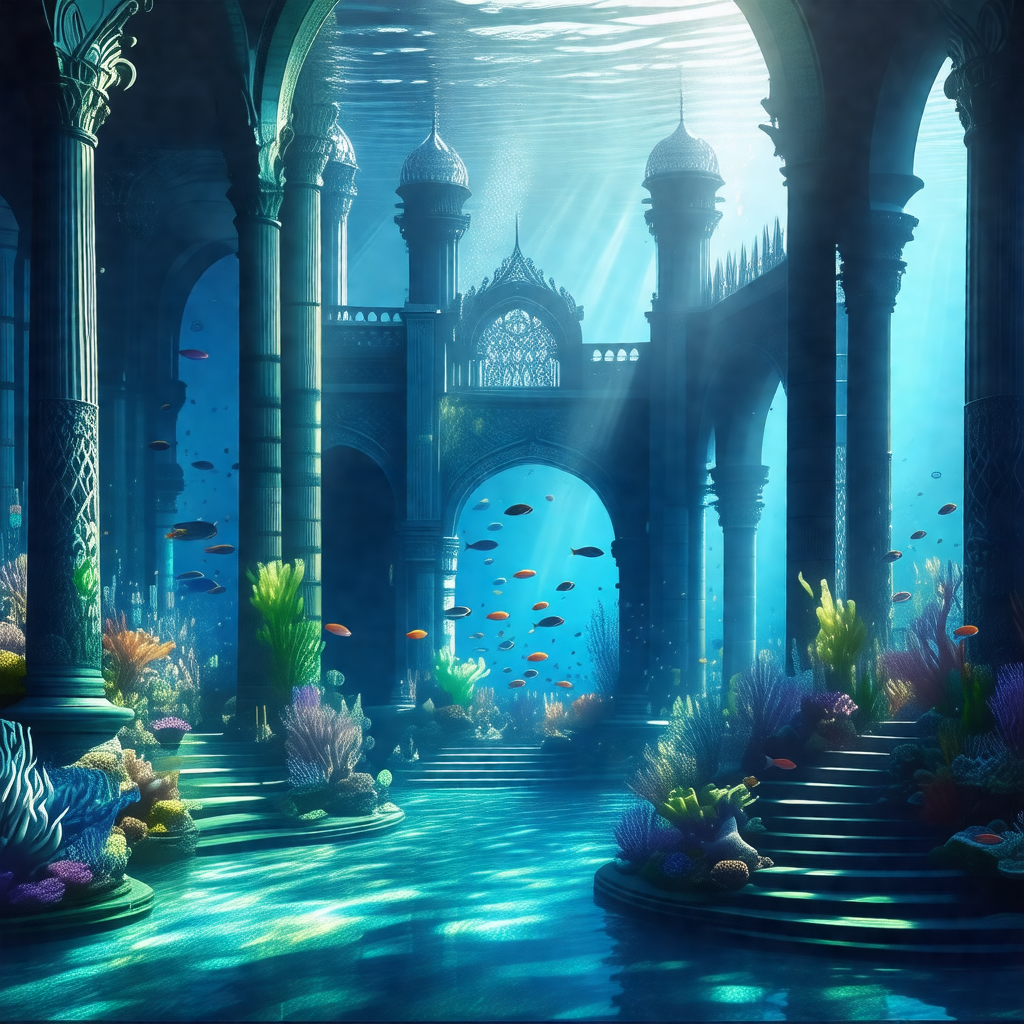 Beautifully drawn underwater scene featuring a palace wit...