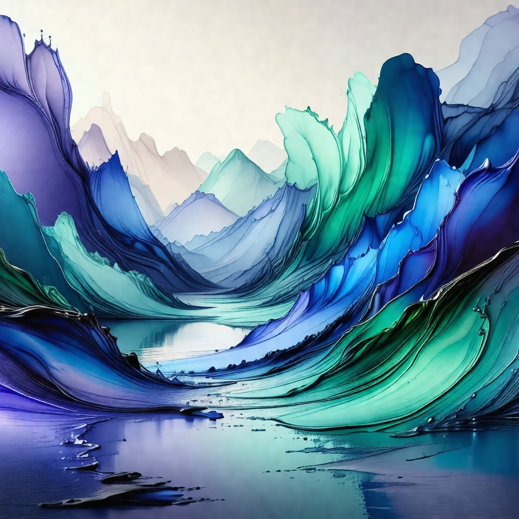 Painting of a mountainous landscape with a body of water,...