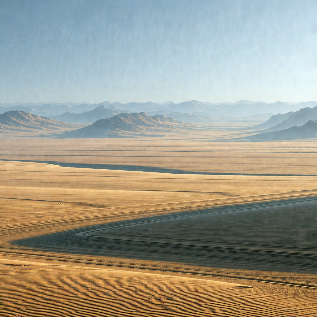 Vast, open desert landscape with a mountain range in the ...