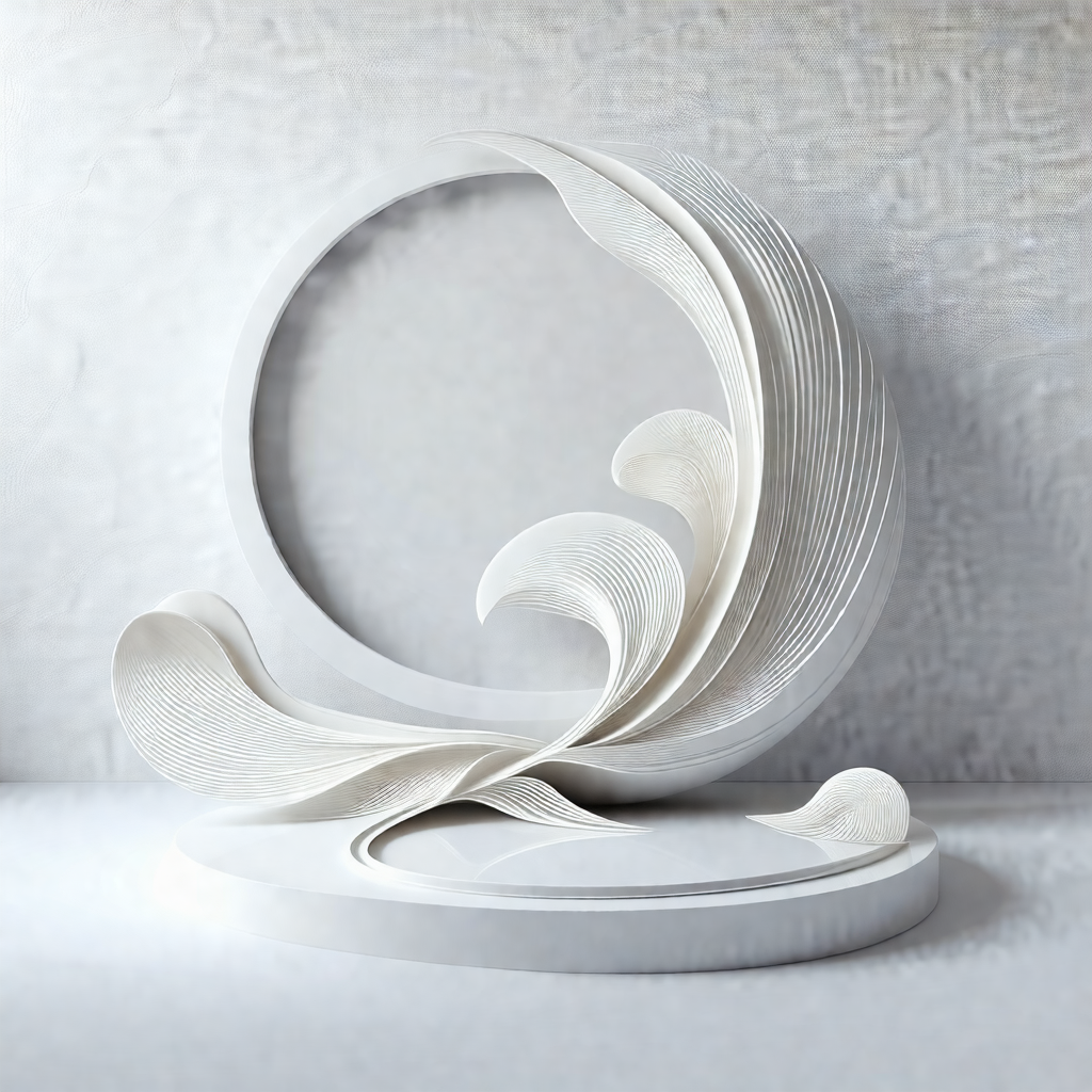 White sculpture of a swirling design, possibly a piece of...