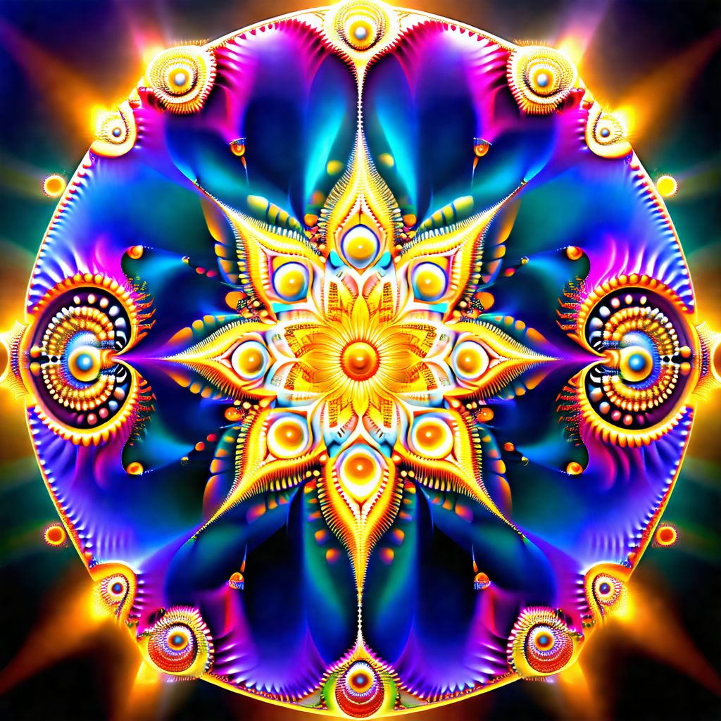Vibrant and colorful flower design, likely a mandala, wit...