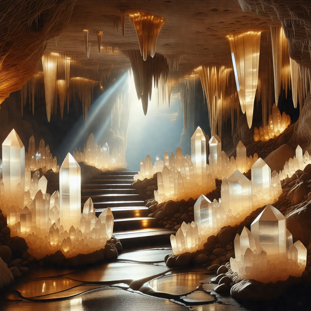 Cave with a staircase leading to a lighted area