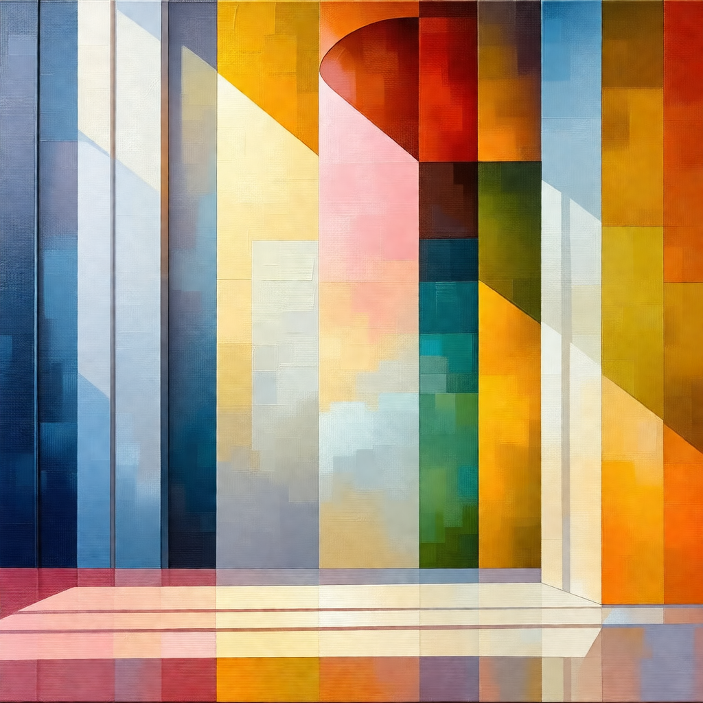 Painting of a room with a large window