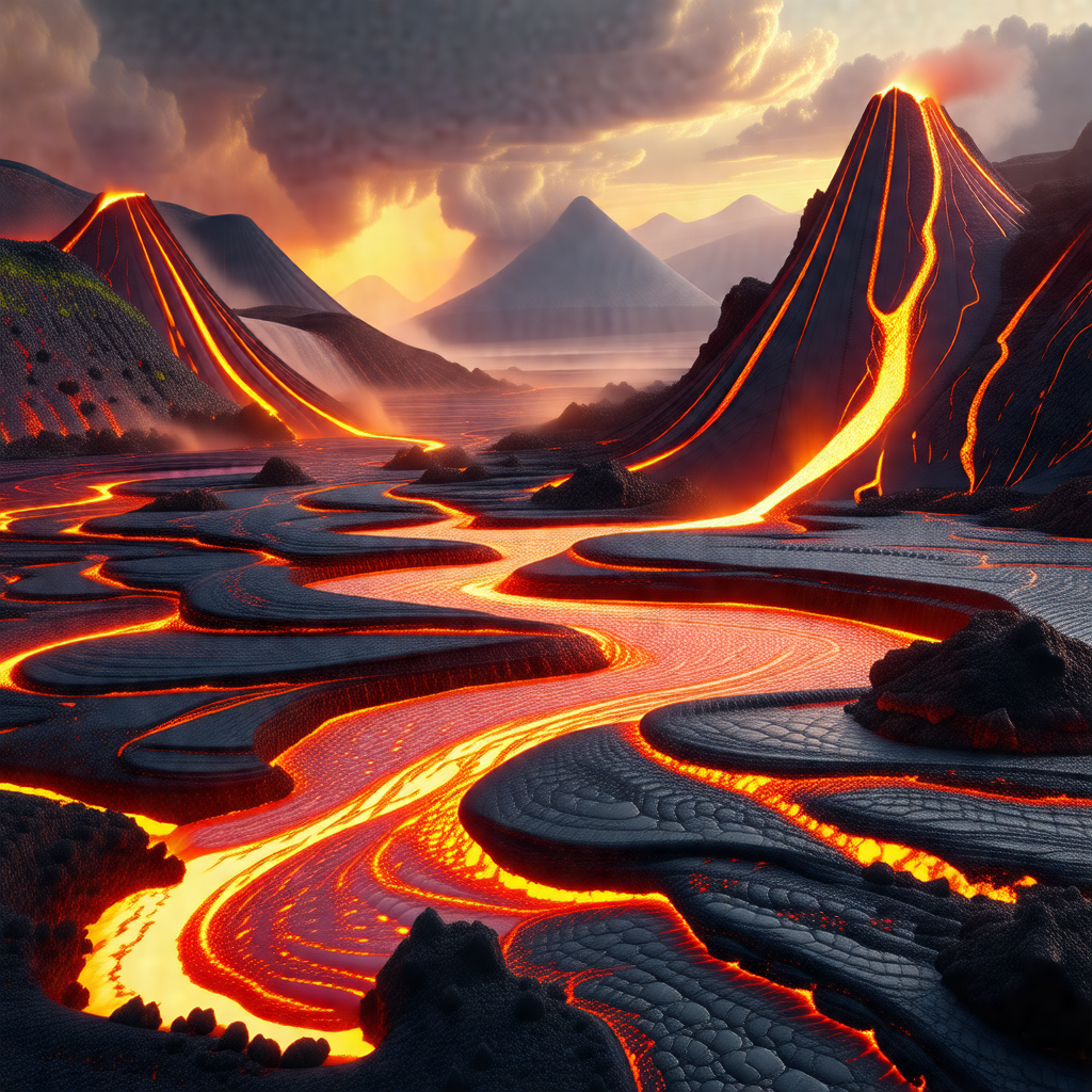 Digital painting of a volcanic landscape with a river of ...