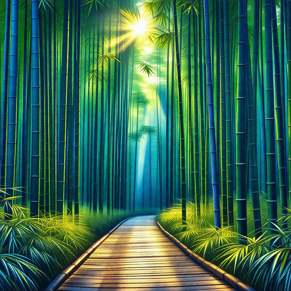 Pathway surrounded by a lush forest of tall, green bamboo...