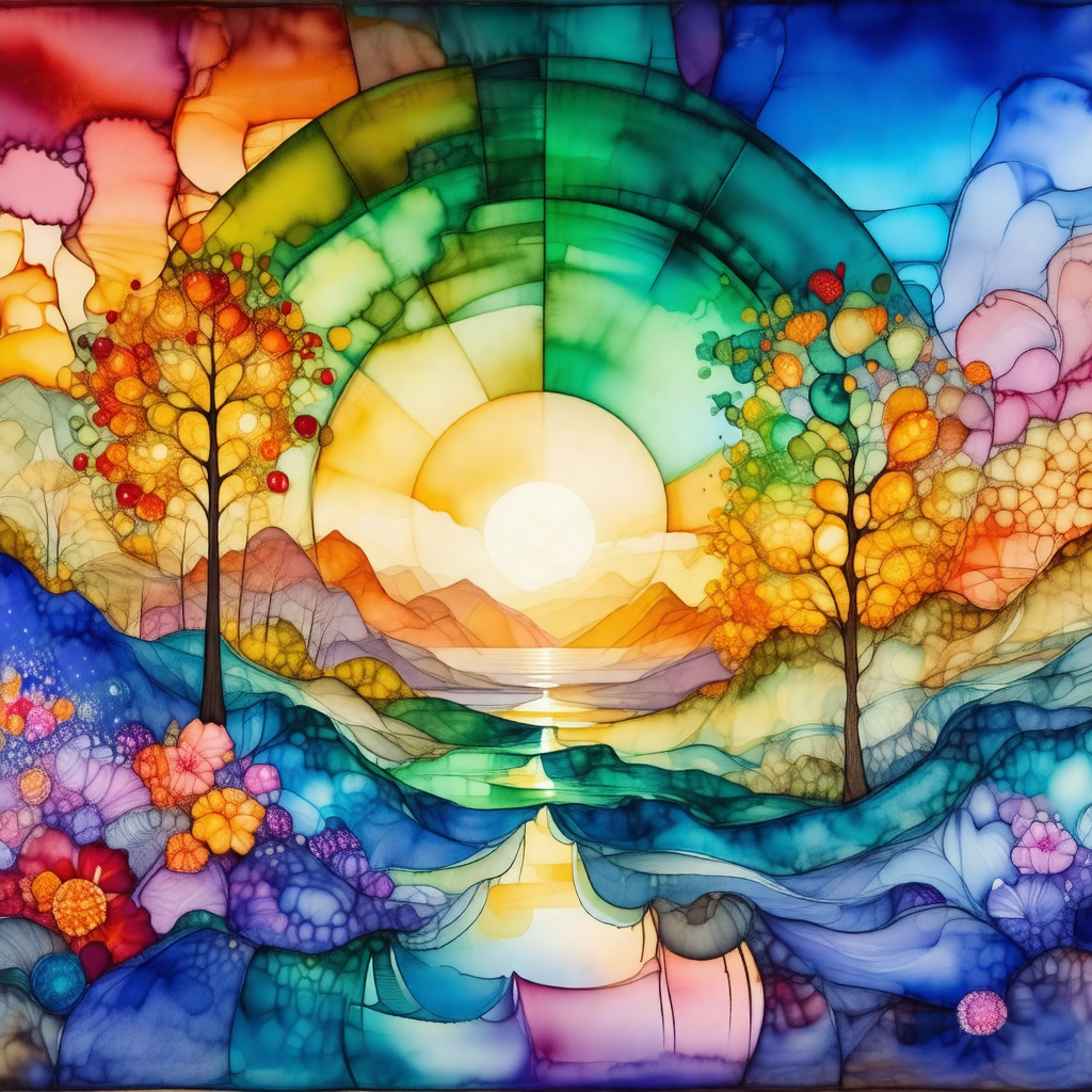 Colorful stained glass window featuring a beautiful lands...