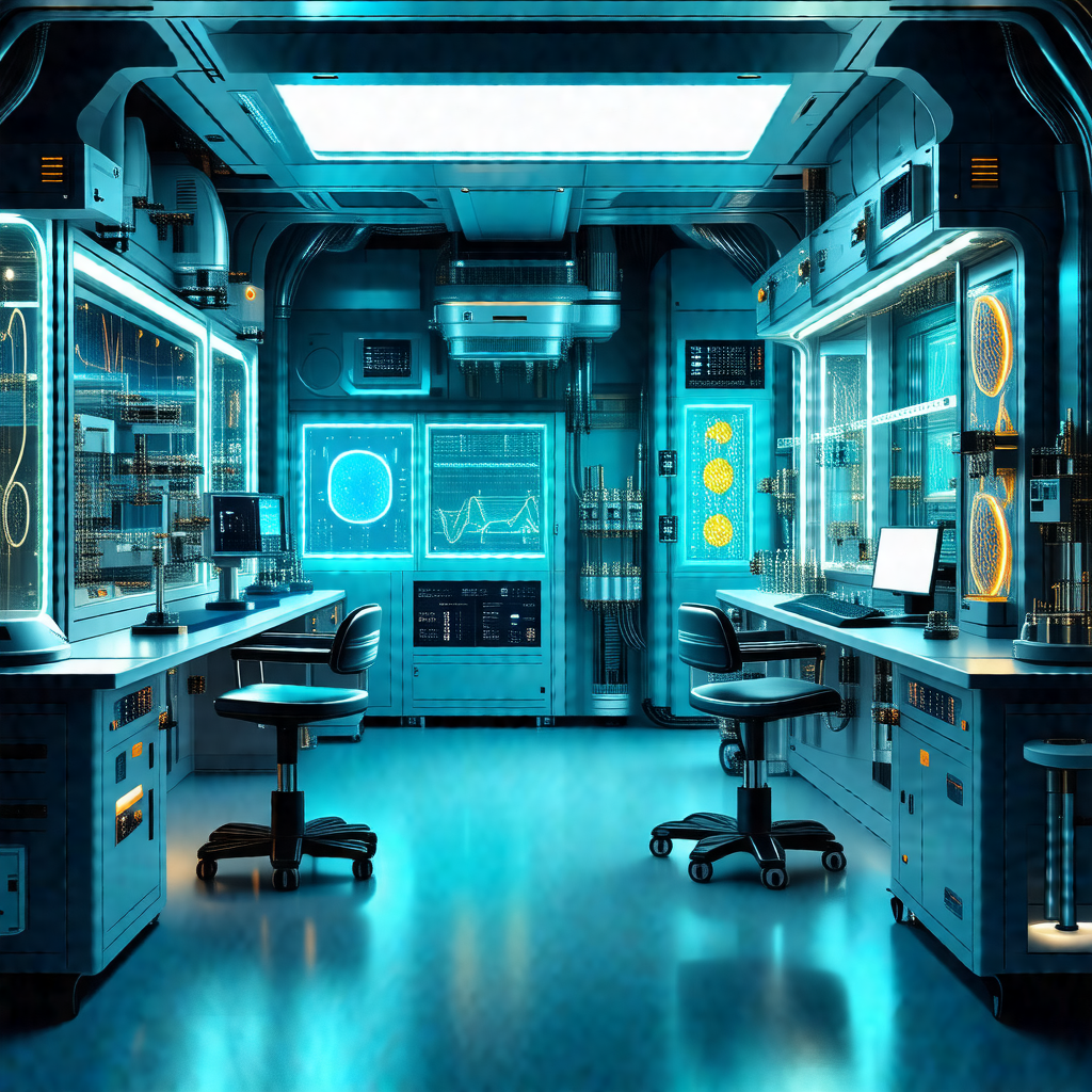 Futuristic laboratory with a blue-lit atmosphere