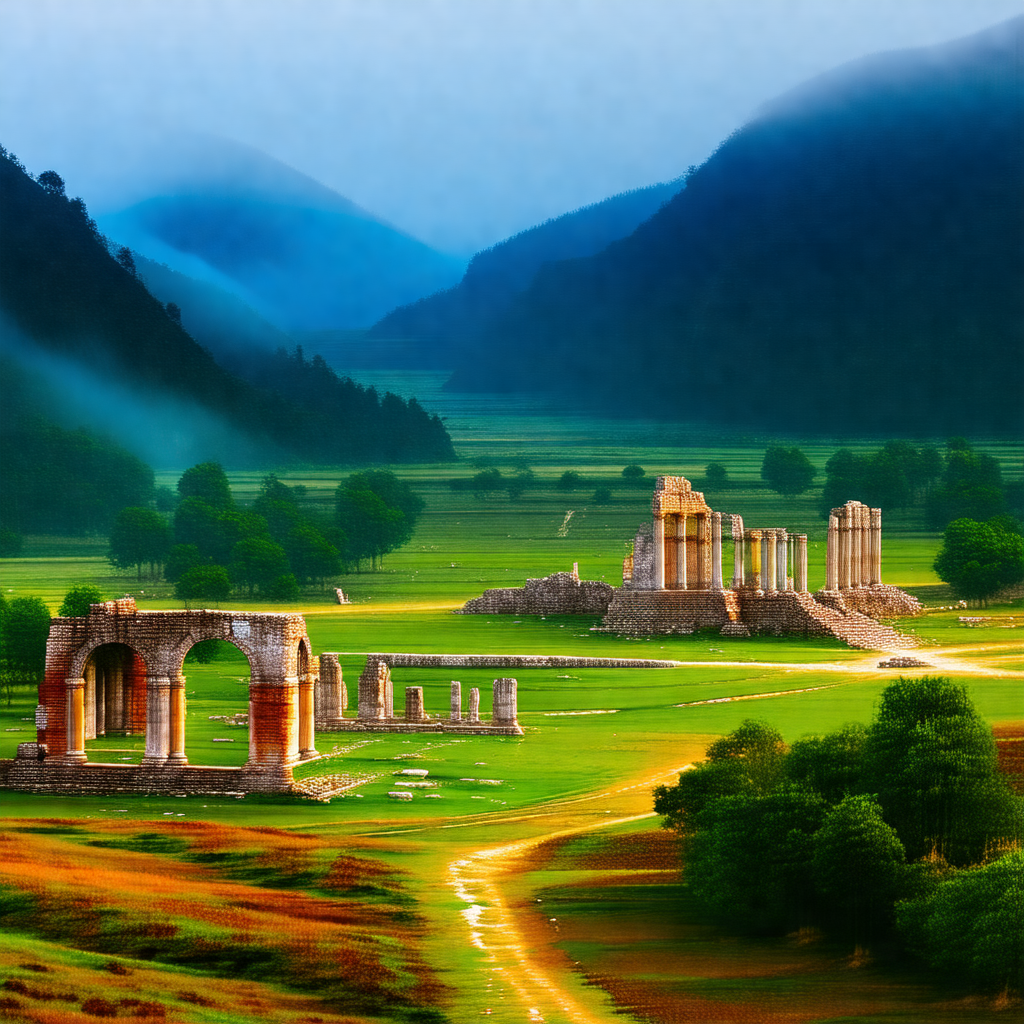 Large, grassy field with a group of ancient ruins in the ...