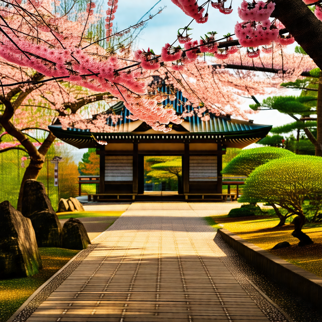 Beautiful garden with a pagoda-style building in the center