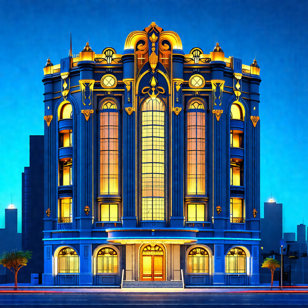 Large, ornate building with a blue and gold color scheme