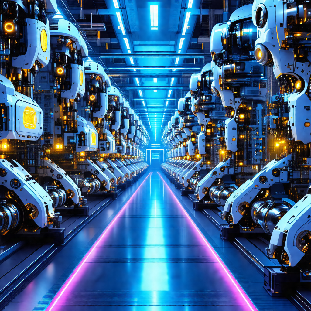 Long row of white robots lined up in a factory setting