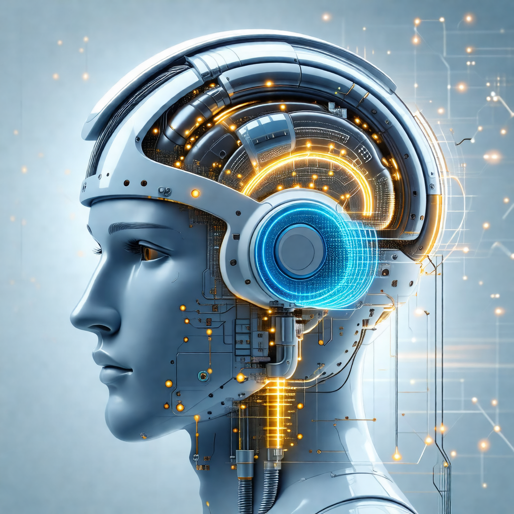 Futuristic robot head with a blue and yellow color scheme