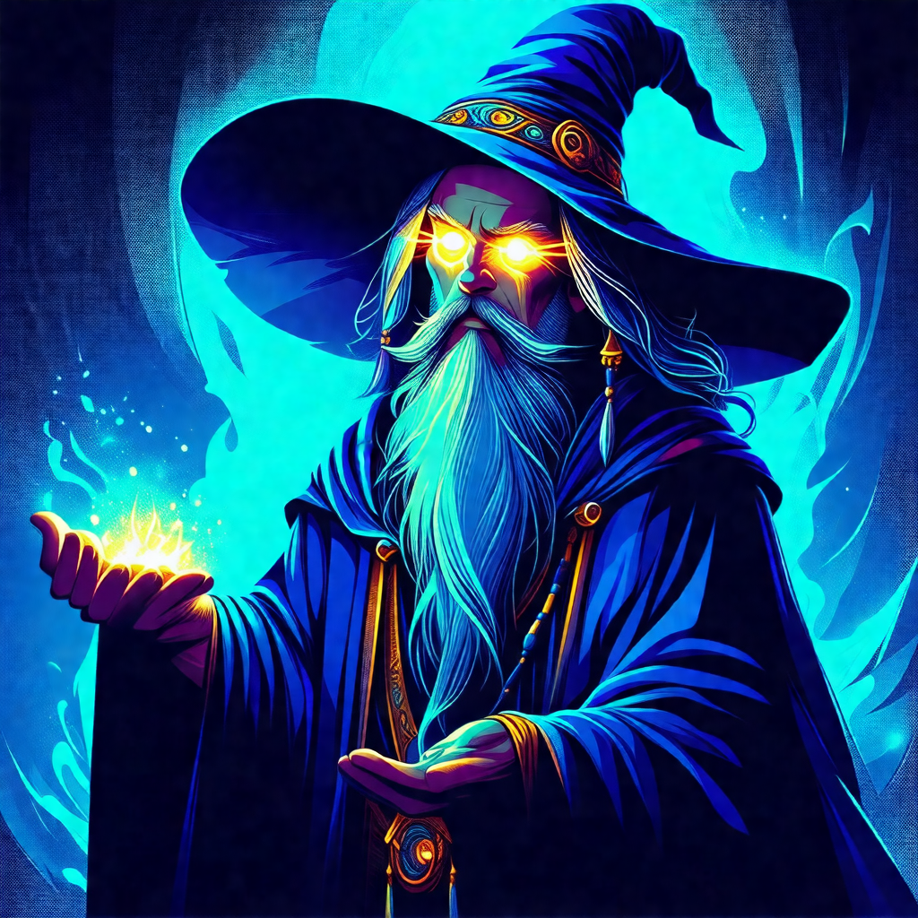 Wizard with a long white beard, wearing a blue robe and a...