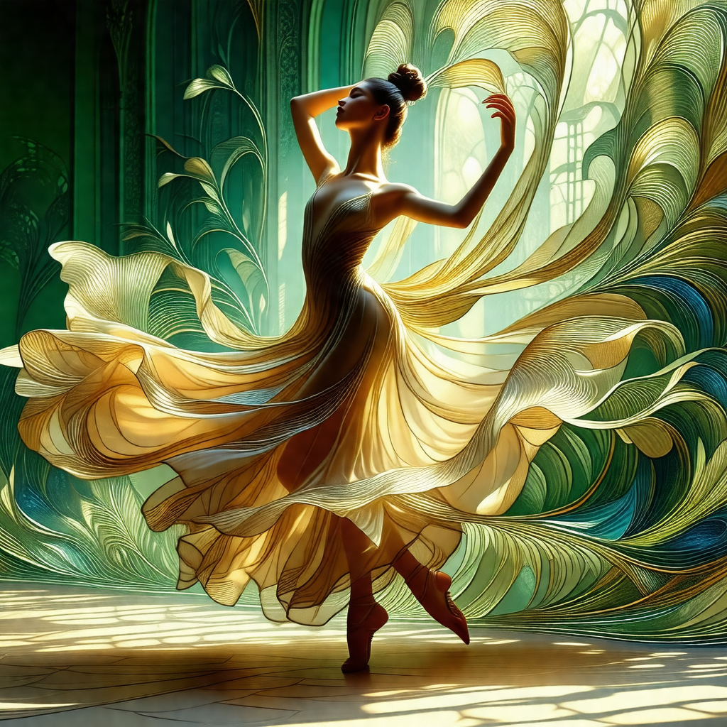 Woman in a yellow dress, standing in a room and performin...