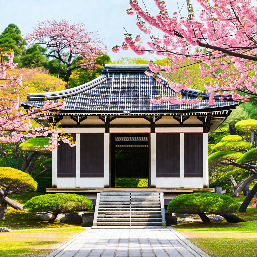 Small, traditional japanese building with a black roof, s...
