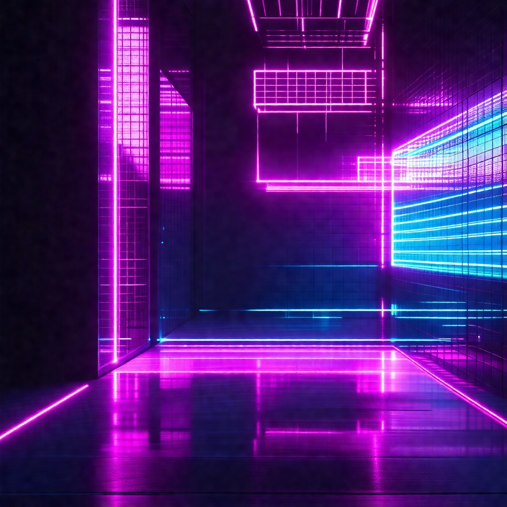 Black and white photo of a hallway with a purple glow