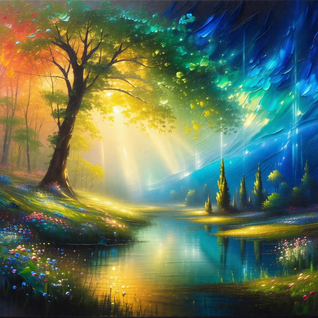 Painting of a serene forest scene with a river flowing th...